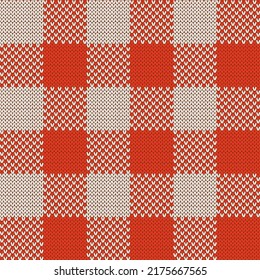 Red and white knit gingham seamless pattern. Vector illustration of knitted plaid texture from squares. Abstract geometric handmade background for blankets, sweaters, clothes.