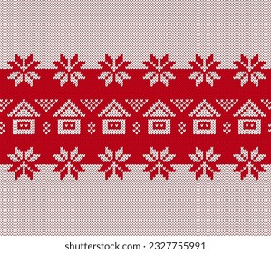 Red and white knit print with snowflakes and houses. Christmas seamless pattern with hut, flowers. Knitted sweater background. Xmas geometric texture. Holiday fair isle ornament. Vector illustration