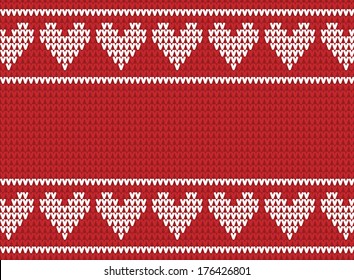 Red and white knitted background with hearts