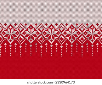 Red and white knitted geometrical pattern. Christmas seamless ornament. Fair isle traditional holiday background. Xmas print border. Festive sweater. Vector illustration.