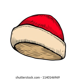 Red and white knitted hat icon in cartoon style on a white background