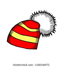 Red and white knitted hat icon in cartoon style on a white background