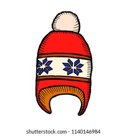 Red and white knitted hat icon in cartoon style on a white background