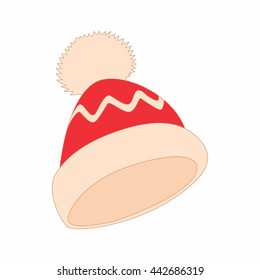 Red and white knitted hat icon in cartoon style on a white background