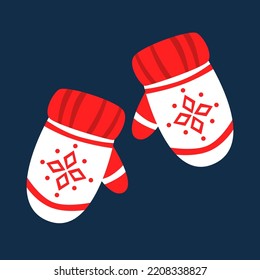 Red and white knitted mittens flat style clip art. Isolated vector.