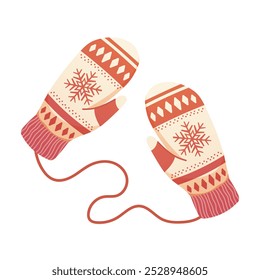 Red and white knitted mittens with snowflake pattern. Warm winter gloves. Vector isolated element