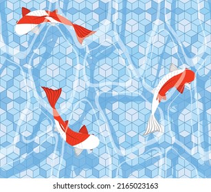 Red and white koi carps in the pool, seamless vector pattern