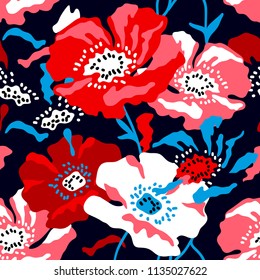 Red and white large poppies on dark blue background. Seamless floral pattern with Spanish motifs. Trendy design for textile, cards and covers.