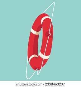 Red and white life buoy for drowning rescue and help support isolated on green background