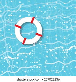 Red  and white life saver ring floating in a refreshing blue swimming pool. Vector flat background and objects illustrations