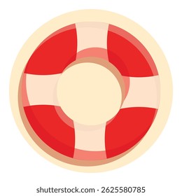 Red and white lifebuoy floating on water, safety equipment helping people in danger at sea or ocean in summer, top view, cartoon style vector illustration