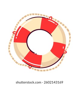 Red and white lifebuoy, representing safety, rescue, and maritime themes, for summer, swimming, and emergency designs. Cartoon life Buoy sticket vector illustration.