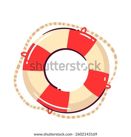 Red and white lifebuoy, representing safety, rescue, and maritime themes, for summer, swimming, and emergency designs. Cartoon life Buoy sticket vector illustration.