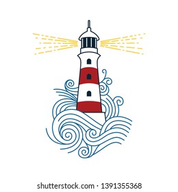 Red and white lighthouse among the waves of the sea. Vector image of a lighthouse.