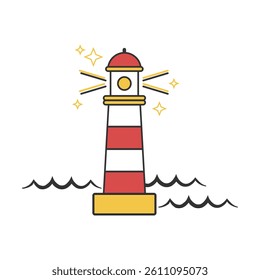 Red and white lighthouse among the waves of the sea. Vector banner lighthouse. Seaside lighthouse vector icon