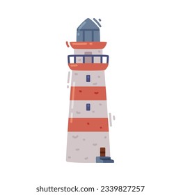 Edificio del faro rojo y blanco como torre para la iluminación de vectores de navegación marina