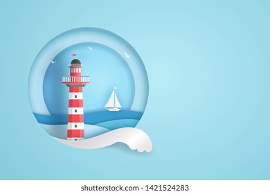 Red and white lighthouse in circle frame with the blue sea, clouds, birds and boat. vector paper art concept.