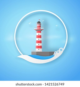 Red and white lighthouse in circle frame with the blue sea, clouds and birds. vector paper art concept.