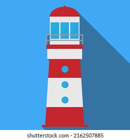 red and white lighthouse with drop shadow against blue background, flat design vector illustration