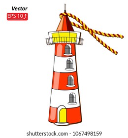 Red white  lighthouse,  flat design, vector illustration