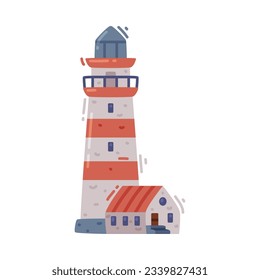 Red and White Lighthouse and House Building as Tower for Marine Navigation Vector Illustration