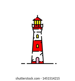 Red and white lighthouse line icon. Coastal light beacon tower symbol. Vector illustration.