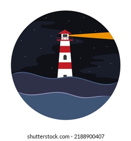 Red and white lighthouse in the middle of the sea with calm waves and haze in the night starry sky.
Сircle flat vector illustration for the geography and travel web sites, for posters and cards.