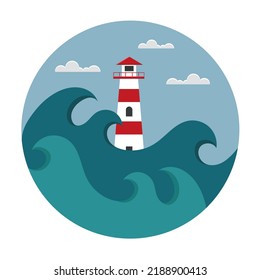 Red and white lighthouse in the middle of the sea with stormy waves and clouds in the sky. 
Сircle flat vector illustration for posters, and cards and web icons for the geography and travel theme