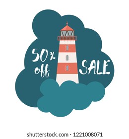 Red and white lighthouse on  blue background. Special offer sale 50% . Perfect for banners, flyers
