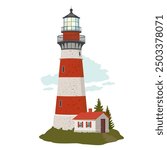 A red and white lighthouse on the coastline.  A marine landscape with a lighthouse, trees and a house. A coastal scene with a Beacon. Illustrated vector clipart.