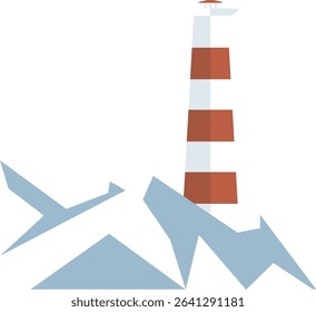 A red and white lighthouse on the coastline. A marine landscape with a lighthouse icon
