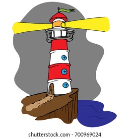 Red white lighthouse on a precipice. The lighthouse on the beach is on. vector illustration.