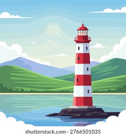 Red and white lighthouse on rocky shore with green hills and calm water
