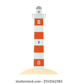 Red and white lighthouse on a sandy beach Marine style material