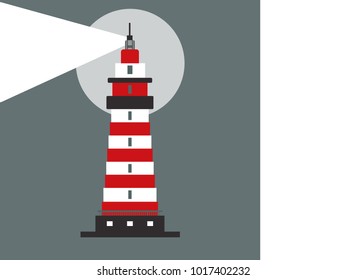 Red and white lighthouse. Path lightning. Flat design, vector illustration.