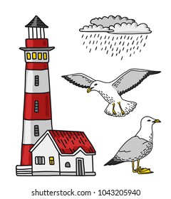 Red and white lighthouse, rain cloud and seagull vector colored lineart