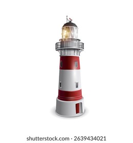 Red and white lighthouse realistic 3D on the coast. The icon is isolated for lighthouse scenes.