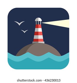 Red and white lighthouse in the sea with seagulls on a background. Coloured flat vector illustration