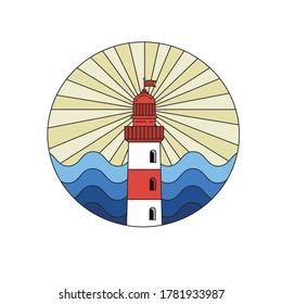Red and white lighthouse. Sea waves and light. Flat vector outline illustration.