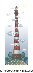 Red and white lighthouse stands on the hill, and its top goes to the cloud.