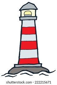 red and white lighthouse - stylized vector illustration