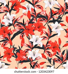 Red and white  Lily flowers  botanical seamless pattern vector design for fashion,fabric,wallpaper,and all prints on light pink background color