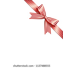 Red and white lines isolated lean ribbon bow on white background. Vector illustration of Christmas lean ribbon bow. Greeting gift bow concept.