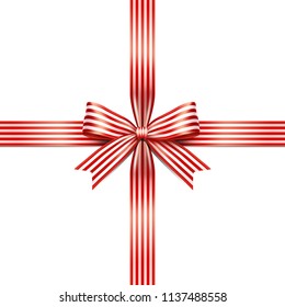 Red and white lines isolated ribbon bow at the middle on white background. Vector illustration of Christmas ribbon bow. Greeting gift bow concept.