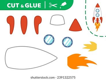 Red white little rocket. Cut and glue. Rocket. Applique. Paper education game. Flat, cartoon. Isolated vector illustration eps 10