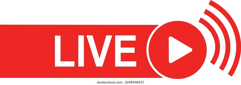 Red and White Live Streaming Play Button Icon with Signal Waves broadcast video