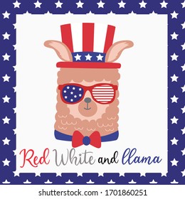 Red white and llama quote. Patriotic llama face with hat, Sunglasses and bowtie vector ilustration.