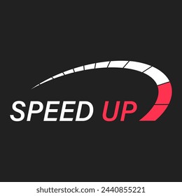 Red white logo with sign speed up and abstract speedometer or tachometer.