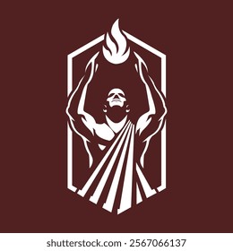 Red and white logo with a statue of a god holding a torch.