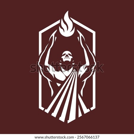 Red and white logo with a statue of a god holding a torch.